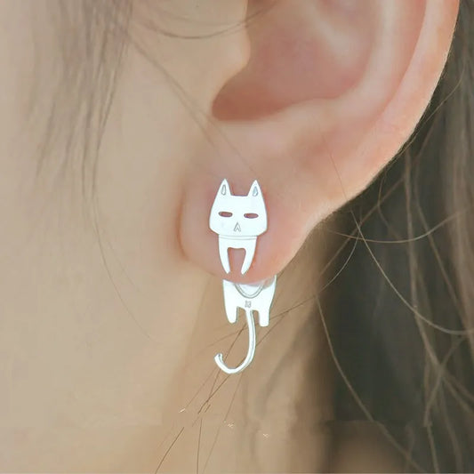 Boucles d'oreilles chat et poisson en argent sterling 925
