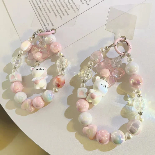 Lanière de téléphone perlée avec pendentif ours