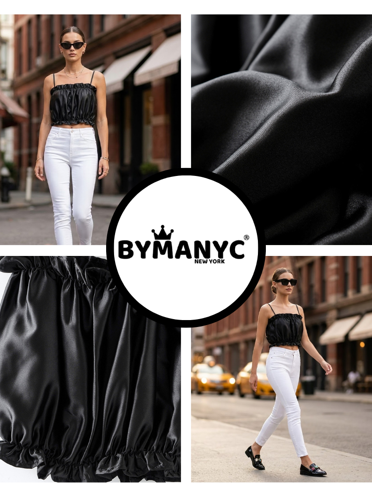 SoHo Black Satin Ruched Crop Top