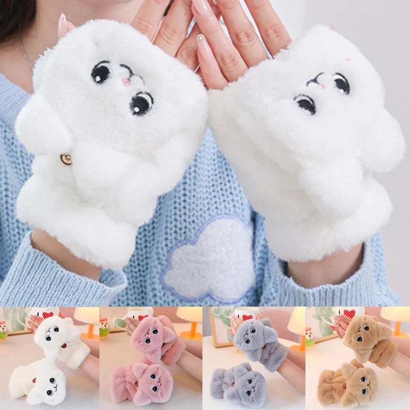 Mitaines en peluche chat kawaii