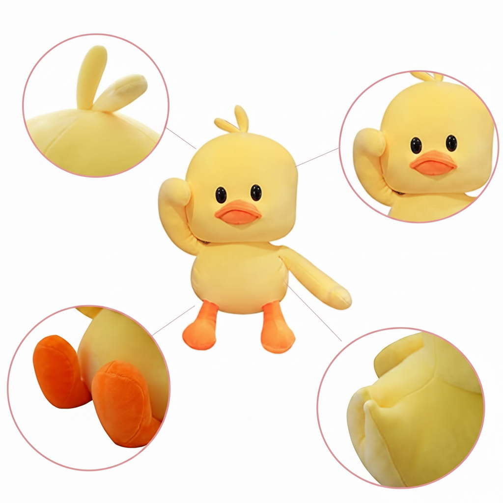 Plush duck toy with close-up details on a white background
