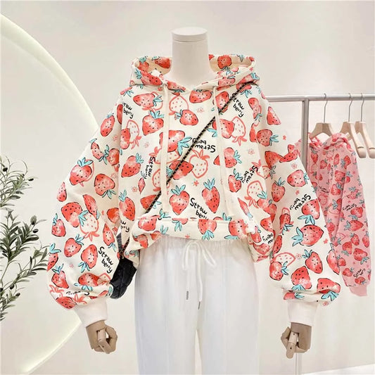 Sweat à capuche Harajuku imprimé fraise