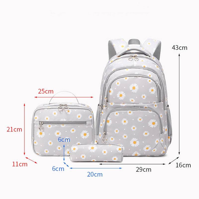 Conjunto de 3 mochilas escolares con diseño de margaritas