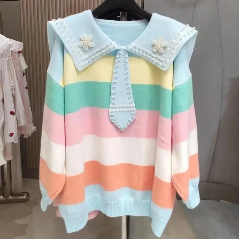 Pull marin à rayures arc-en-ciel pastel