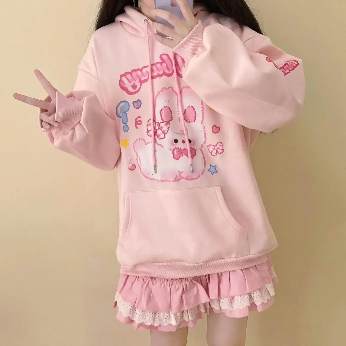 Pink Bunny Print Hoodie