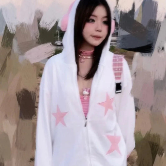 Sweat à capuche avec écouteurs étoiles blanches et roses