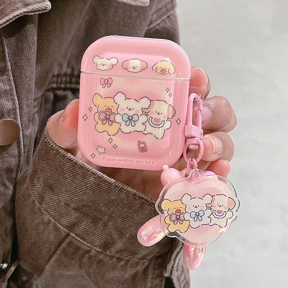 Étui AirPods rose à motifs de chiots kawaii