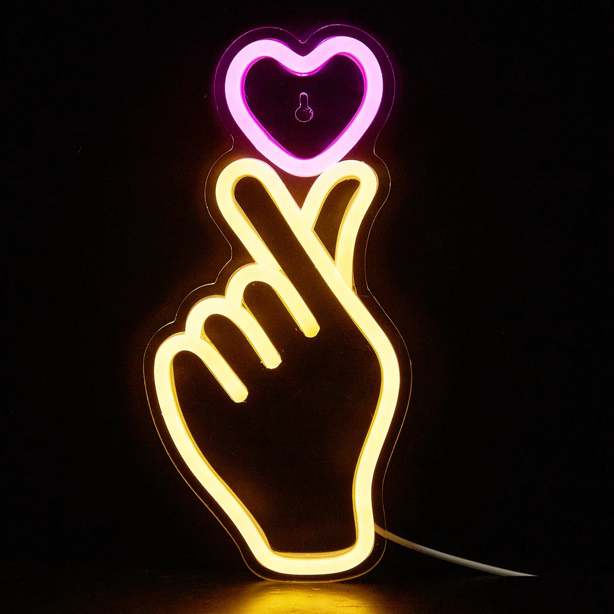 Letrero luminoso de neón con forma de mano y corazón