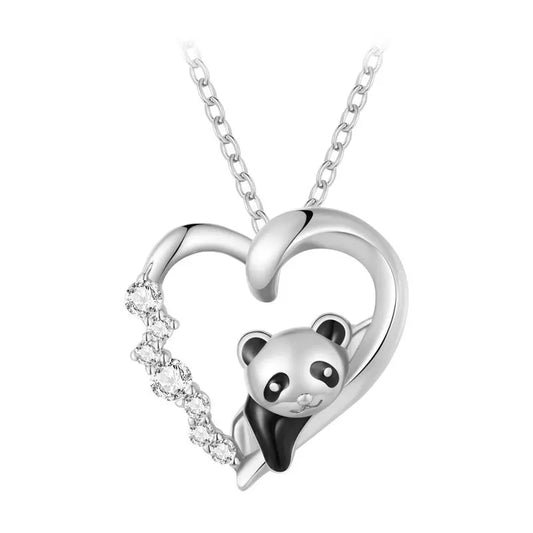 Collier en argent sterling avec cœur en cristal et bébé panda