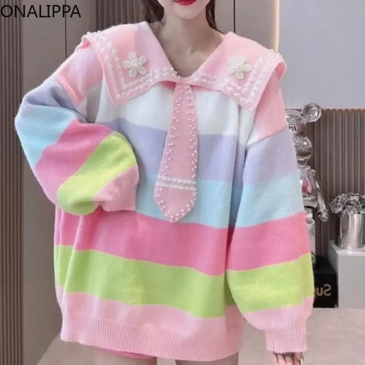 Pull marin à rayures arc-en-ciel pastel