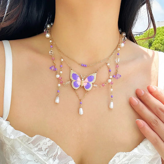 Collier multicouche en perles d'imitation papillon