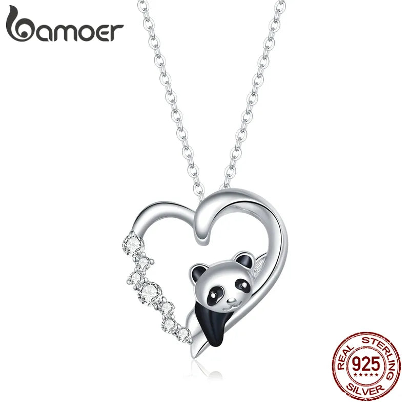 Collier en argent sterling avec cœur en cristal et bébé panda