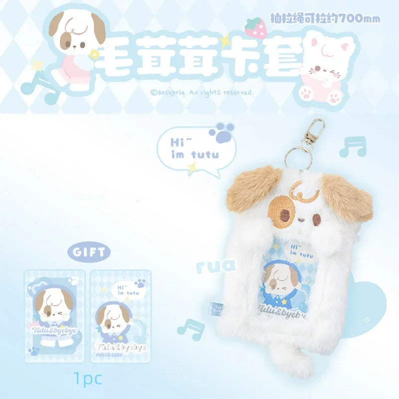 Porta tarjetas con foto de peluche de cachorro y gatito