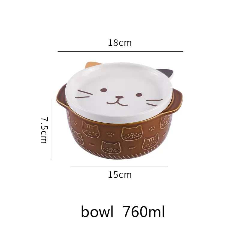 Tazones de ramen de cerámica con forma de gato