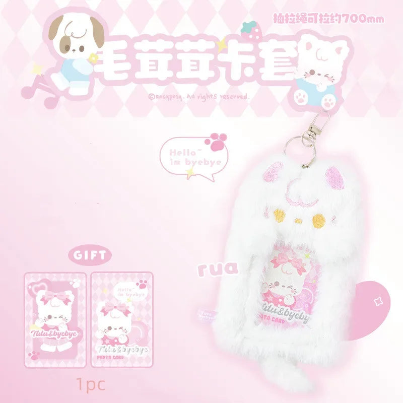 Porta tarjetas con foto de peluche de cachorro y gatito