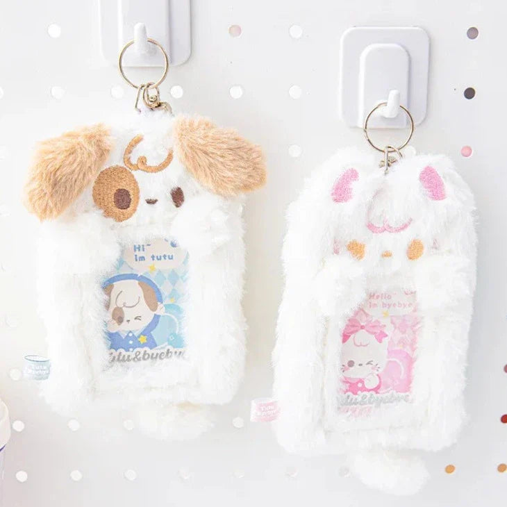 Porta tarjetas con foto de peluche de cachorro y gatito