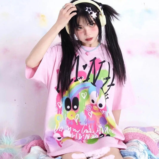 Camiseta gráfica Harajuku rosa KOSAHIKI