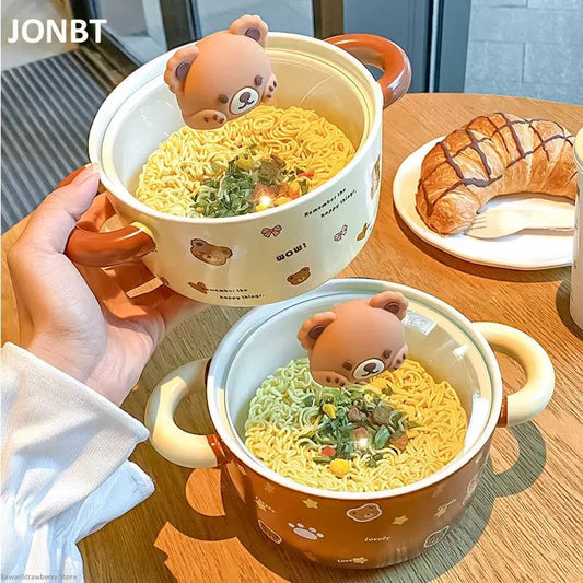 Bol à ramen en céramique avec couvercle en forme d'ours