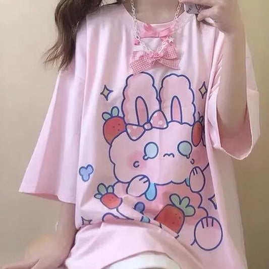 T-shirt Harajuku rose fraise lapin
