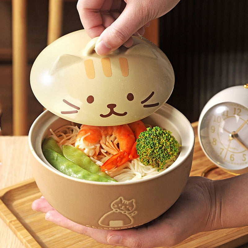 Tazones de ramen de cerámica con forma de gato