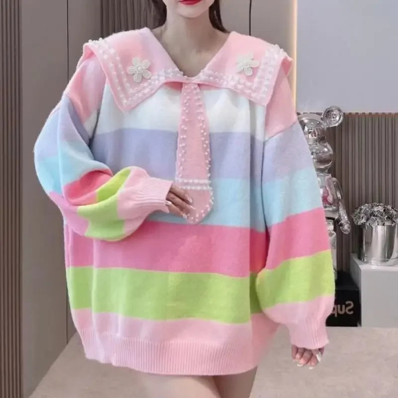 Pull marin à rayures arc-en-ciel pastel