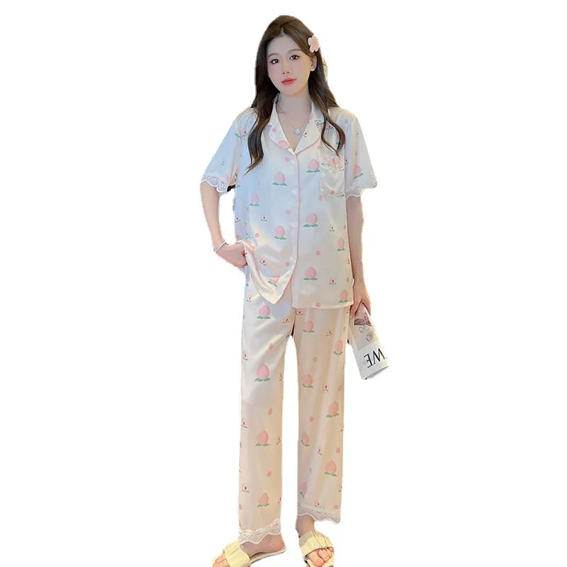 Cute Peach Print Lace Trim Pajamas