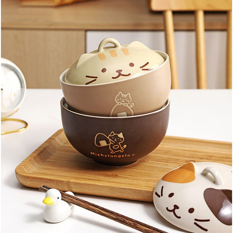 Tazones de ramen de cerámica con forma de gato