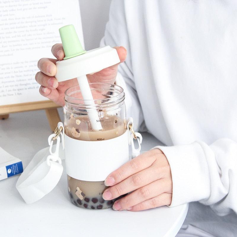 Bouteille en verre Cat Boba avec paille
