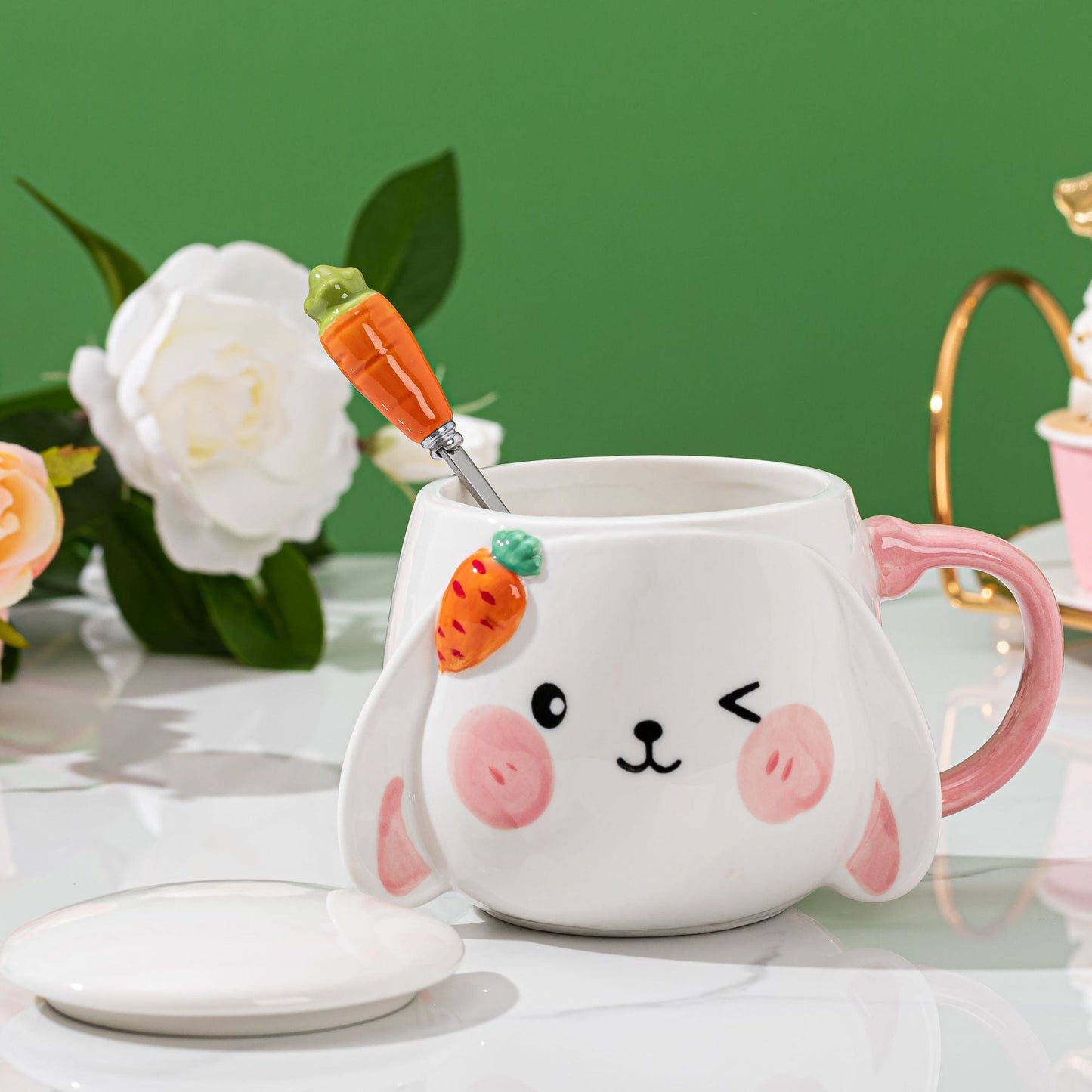 Ceramic Bunny Mug With Lid & Carrot Spoon