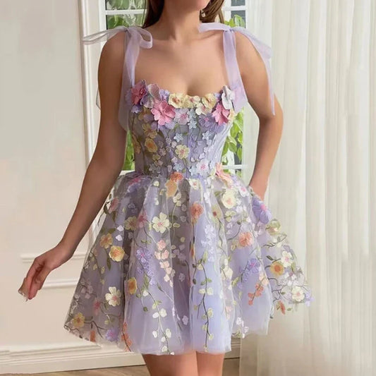 Vestido de hada de flores de primavera color lila (corto)