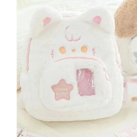 Sac à dos en peluche rose et blanc pour chat