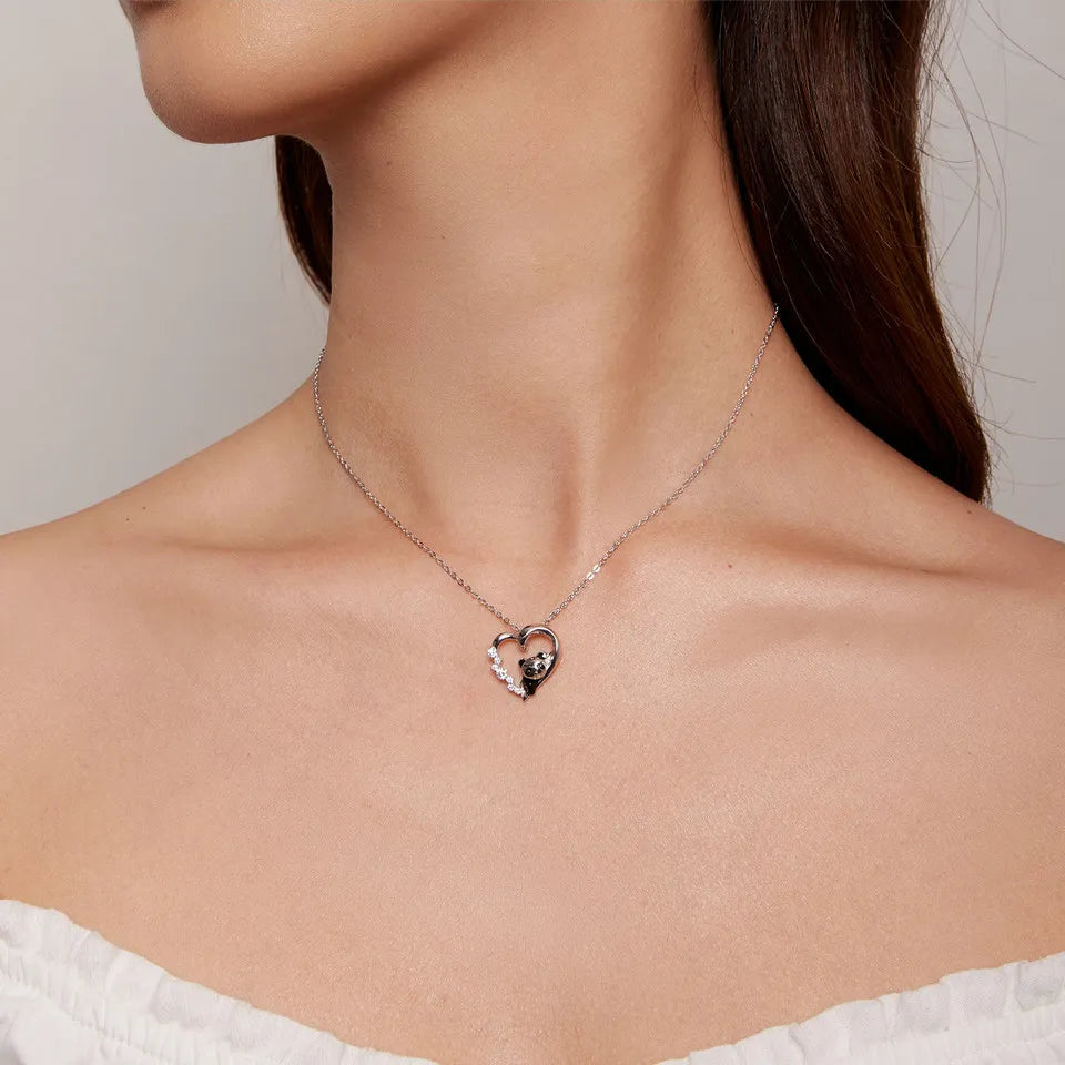 Collier en argent sterling avec cœur en cristal et bébé panda