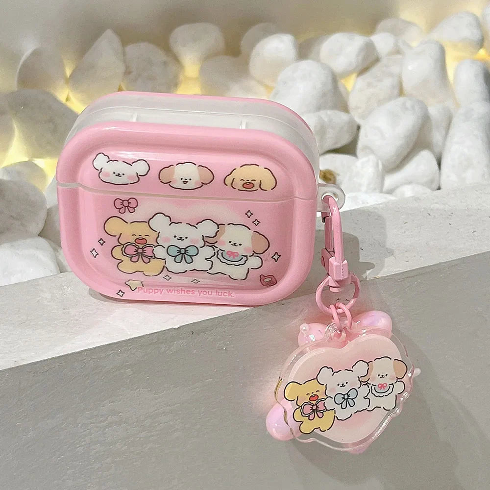 Étui AirPods rose à motifs de chiots kawaii