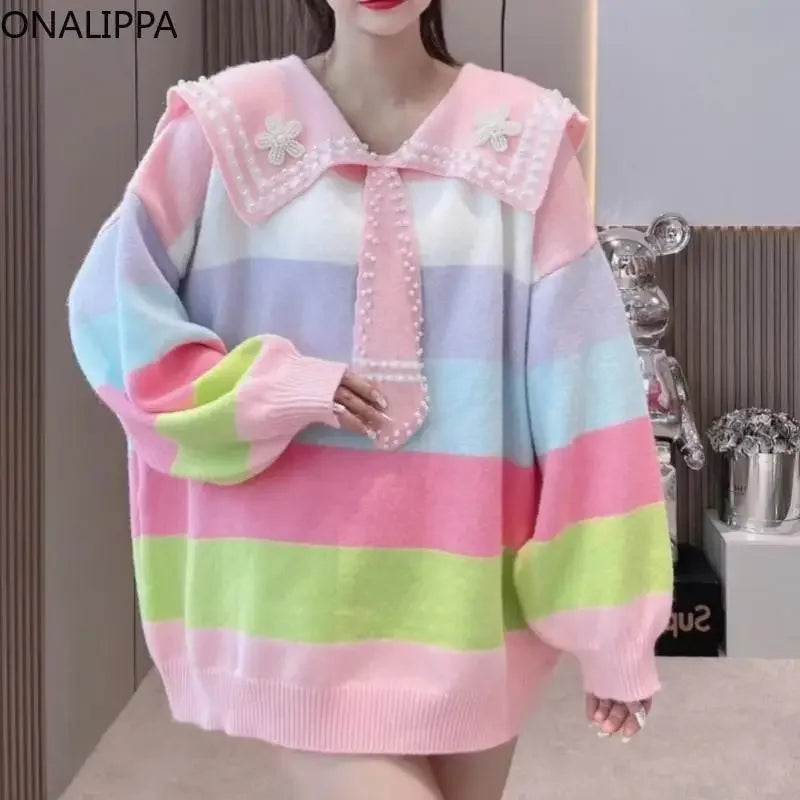 Pull marin à rayures arc-en-ciel pastel