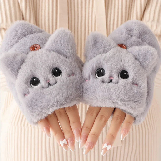 Mitaines en peluche chat kawaii