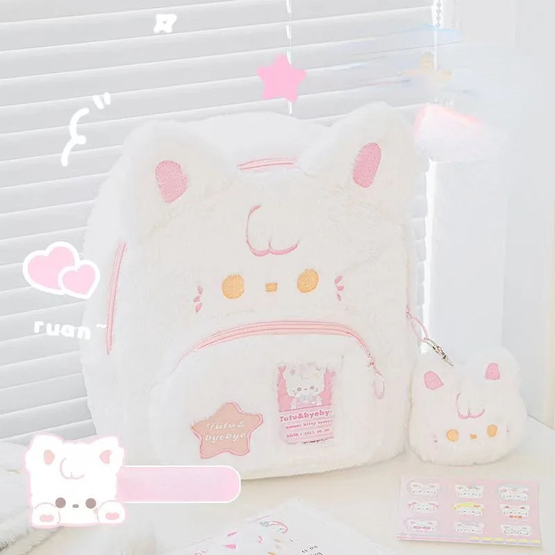 Sac à dos en peluche rose et blanc pour chat