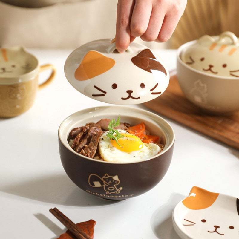 Tazones de ramen de cerámica con forma de gato
