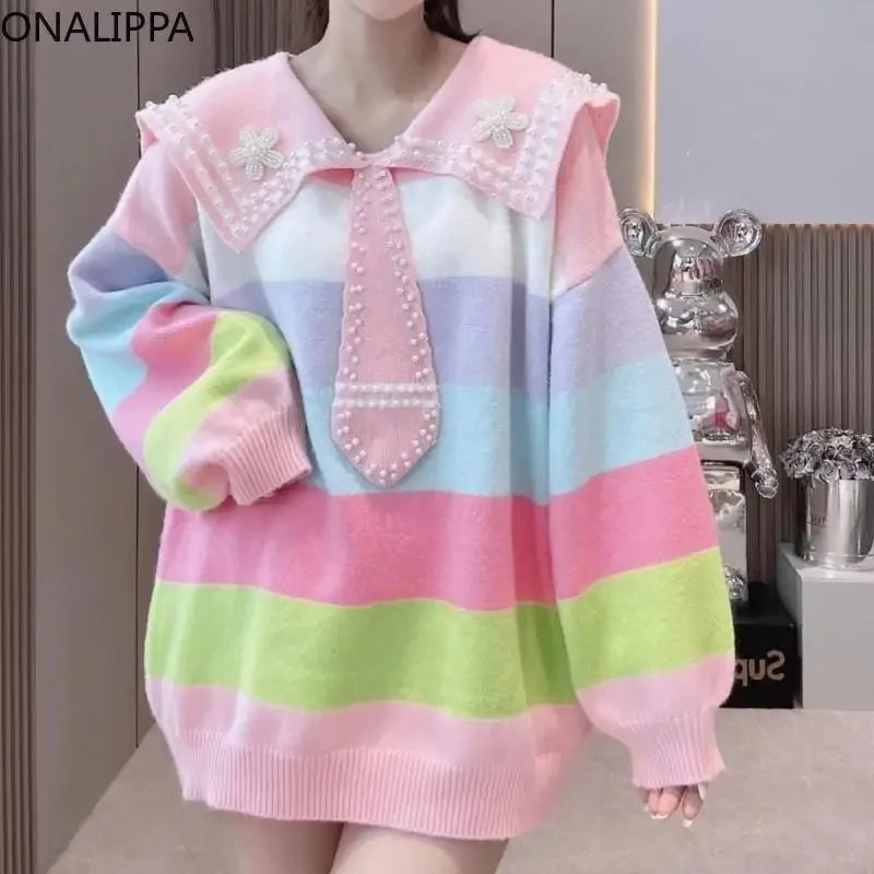 Pull marin à rayures arc-en-ciel pastel