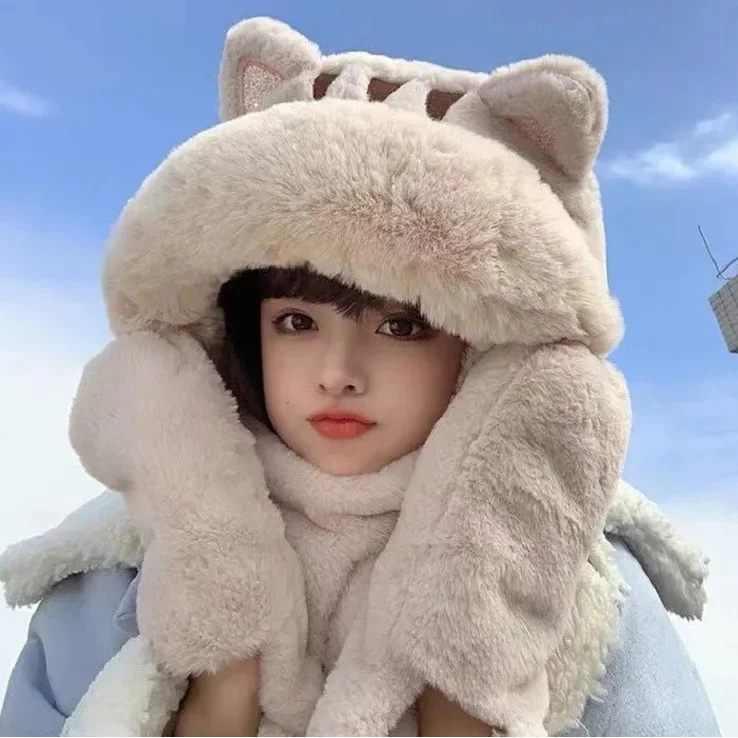 Kawaii Cat Winter Hat, Scarf, & Gloves Combo