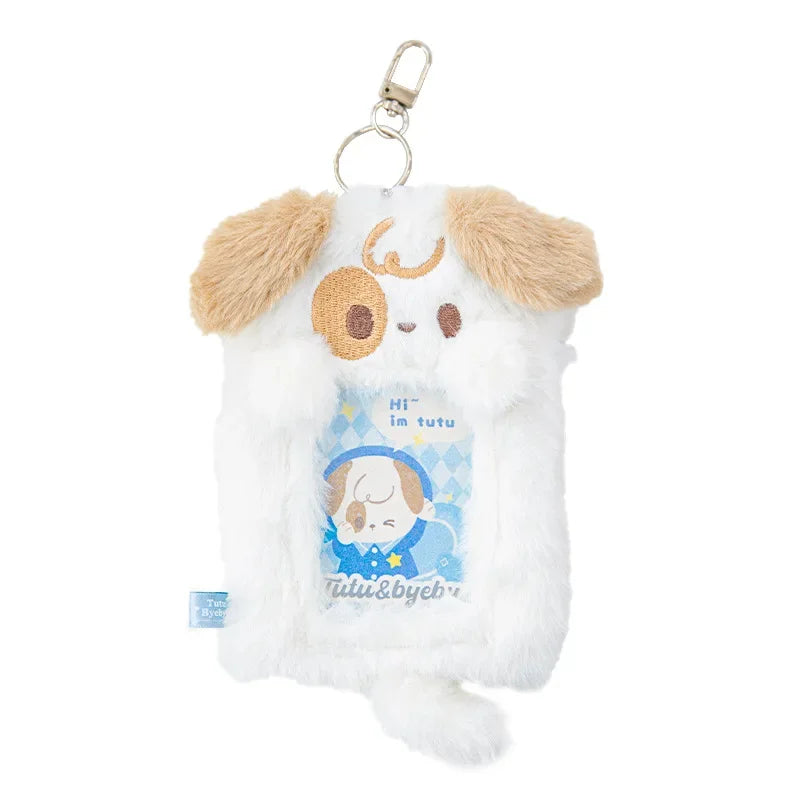 Porta tarjetas con foto de peluche de cachorro y gatito