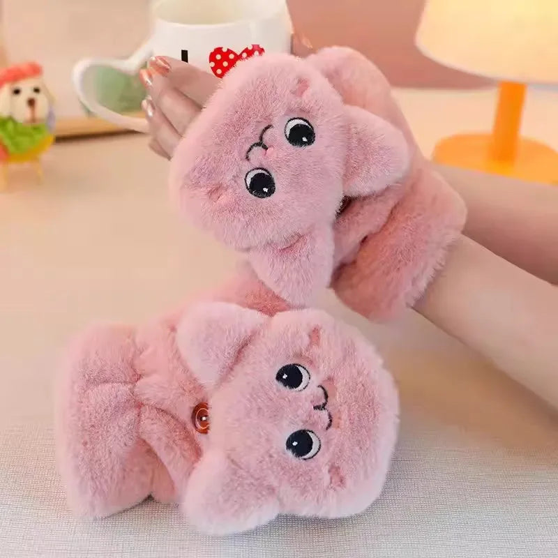 Mitaines en peluche chat kawaii