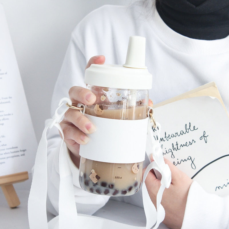Bouteille en verre Cat Boba avec paille
