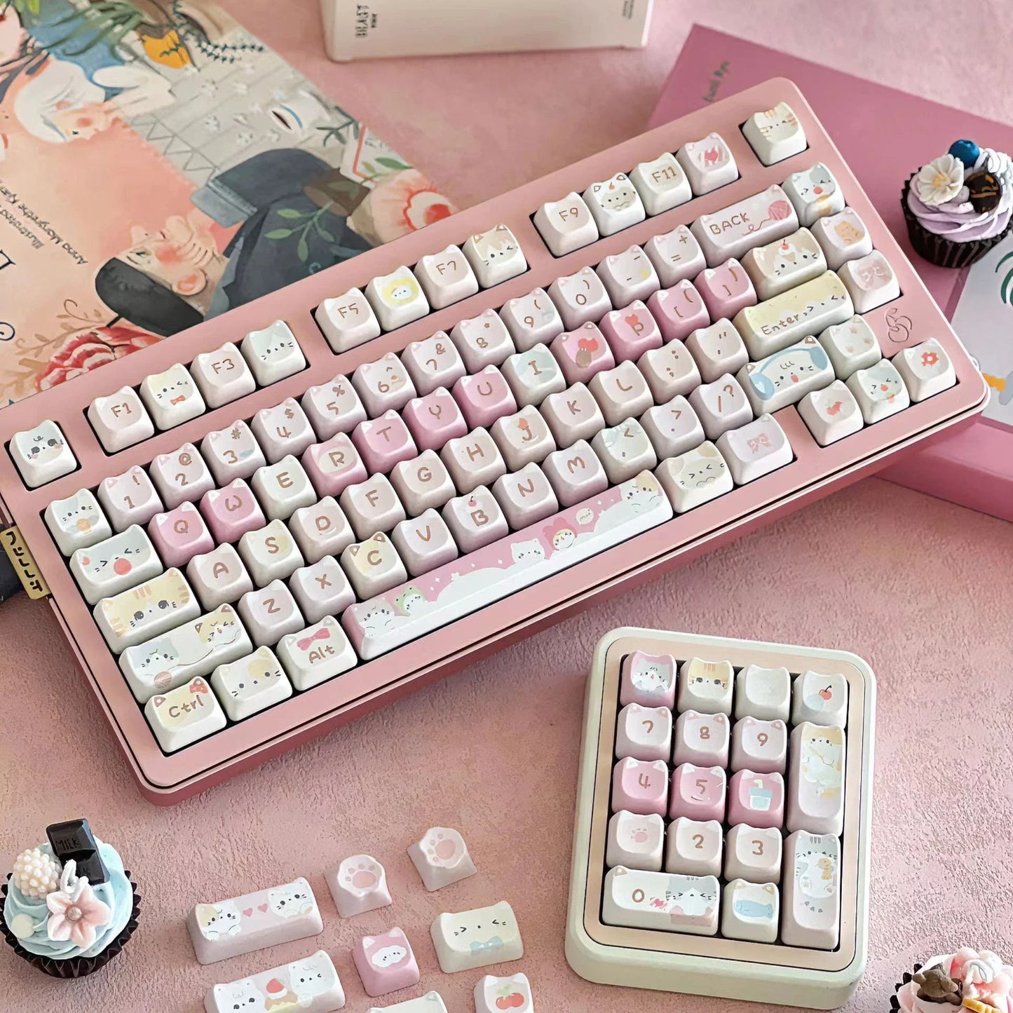 Juego de teclas de teclado con diseño de gato kawaii