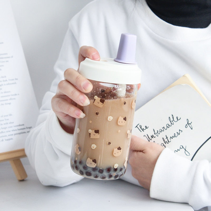 Bouteille en verre Cat Boba avec paille