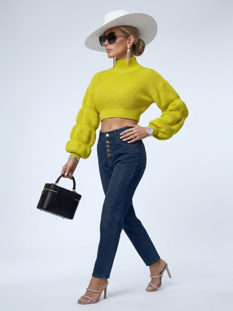 East Village Cropped Mock Neck Balloon-Sleeve Sweater