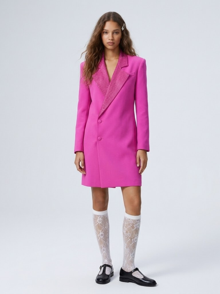 Magenta Nights Rhinestone Lapel Long Blazer Coat
