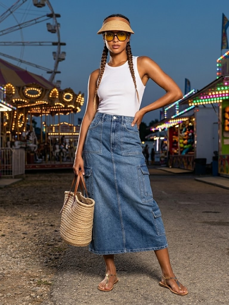 Tribeca Denim Cargo Midi Skirt