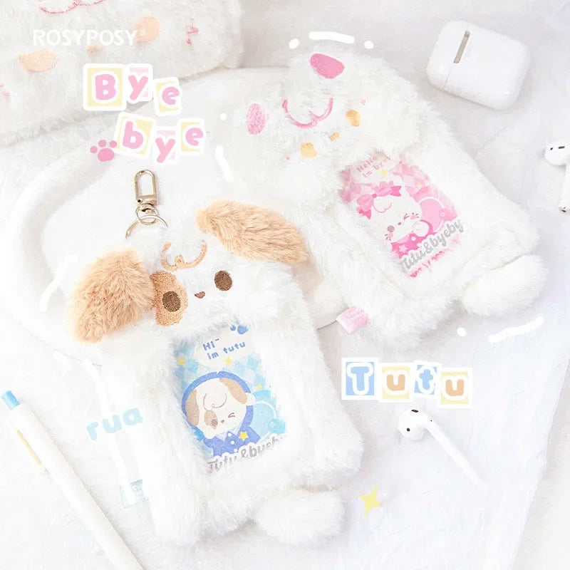 Porta tarjetas con foto de peluche de cachorro y gatito