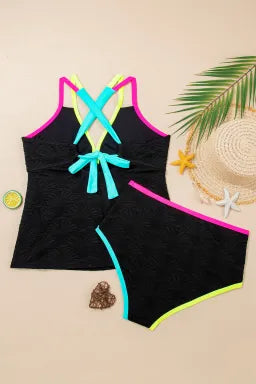 Neon Trim Textured Tankini Set