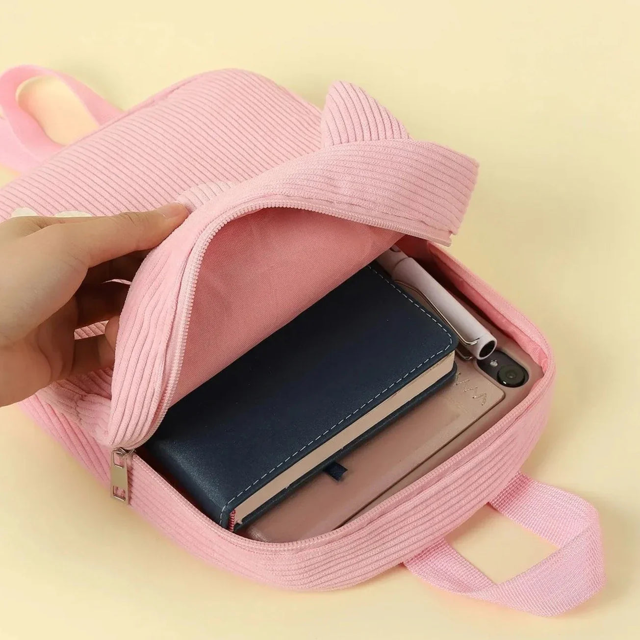 Sac à dos pour enfant en velours côtelé rose motif chat